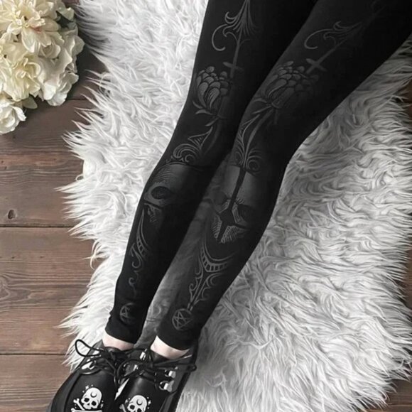 Killstar Pants - KILLSTAR Death Ray Black Stretch Leggings Skull Print Goth Vampire Whimsigoth